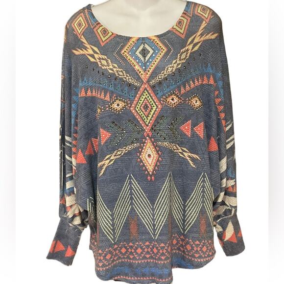 Vocal Womens Medium Highly Embellished Dolman Sleeve Aztec print Top in Blue - Picture 1 of 7
